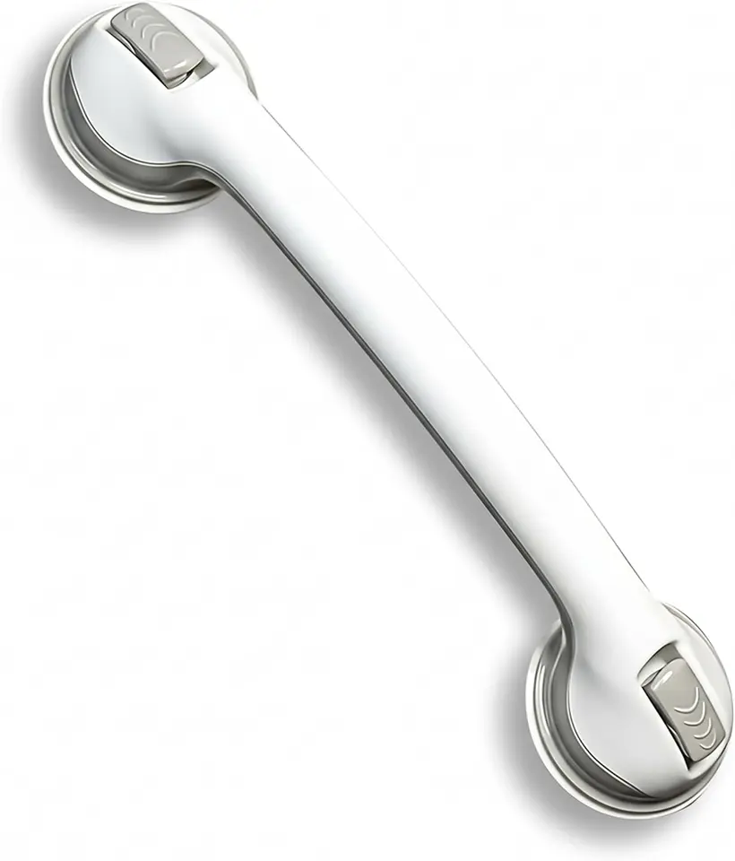 White suction grab bar with flip-lock tabs at both ends