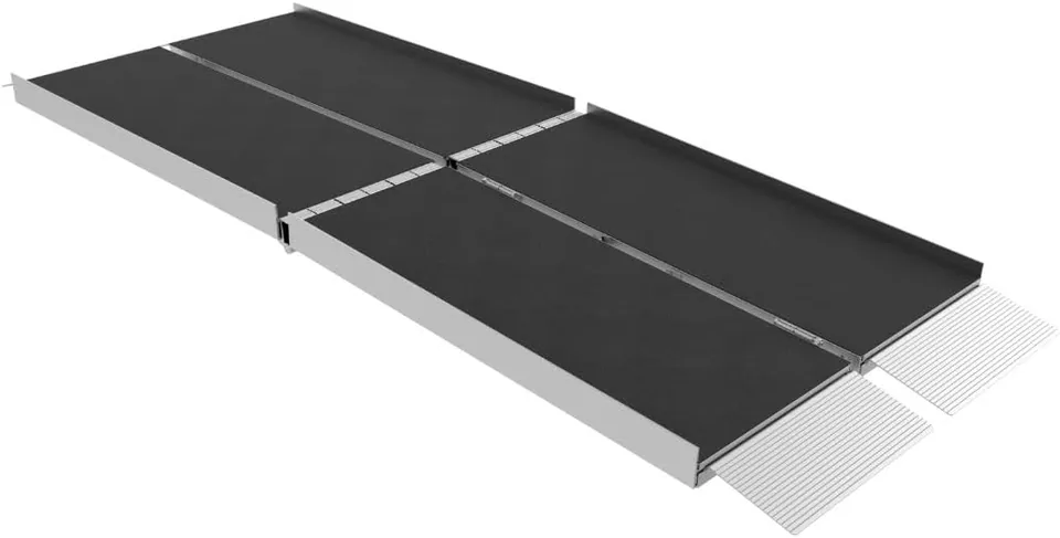 Folding aluminium ramp with black non-slip surface and self-adjusting transition plates at each end