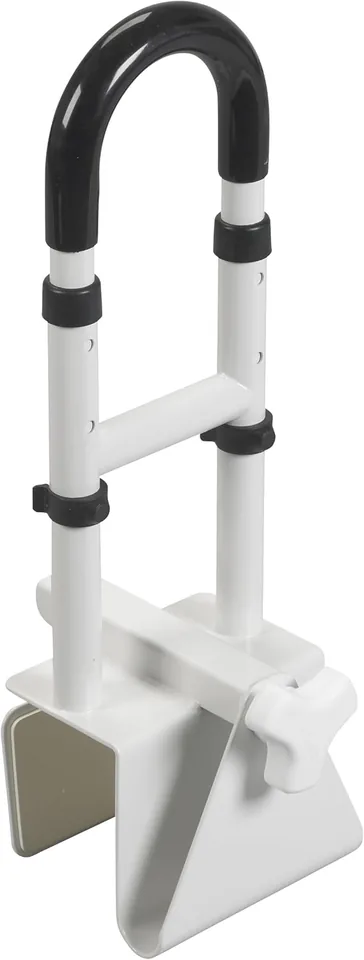 White clamp-on tub rail with a black U-shaped grip, adjustable posts and a white thumb-screw clamp