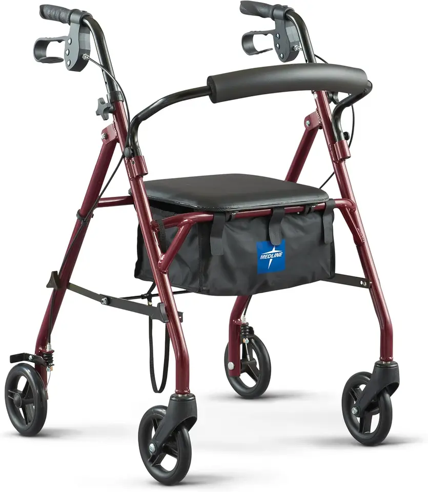 Burgundy steel rollator with padded seat, backrest bar, storage bag and six-inch wheels