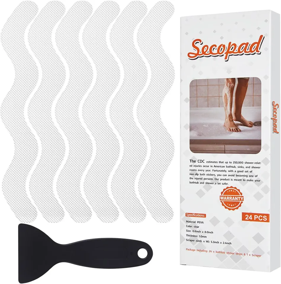 Wavy transparent anti-slip strips beside a black application scraper and box