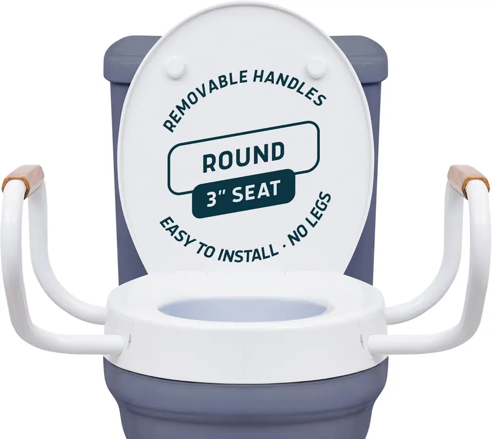 Round three-inch raised toilet seat with removable wood-tipped handles on a toilet
