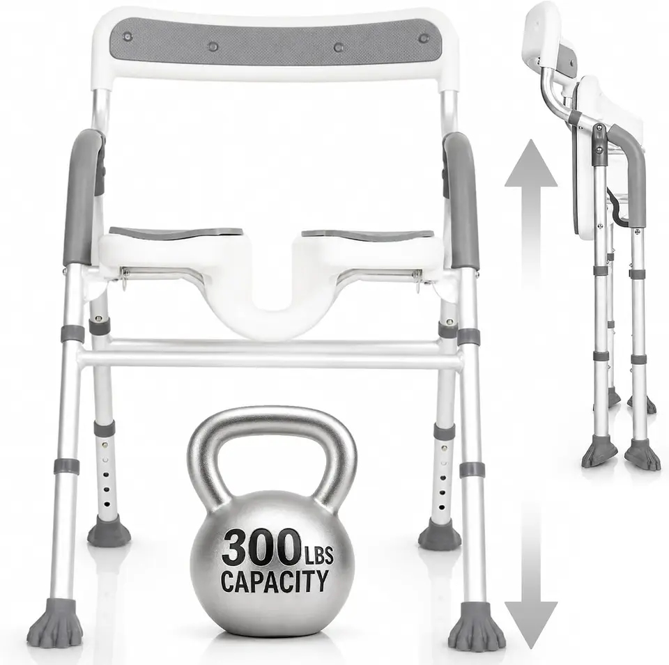 Shower chair with backrest and padded arms, height-adjustable legs marked with arrows