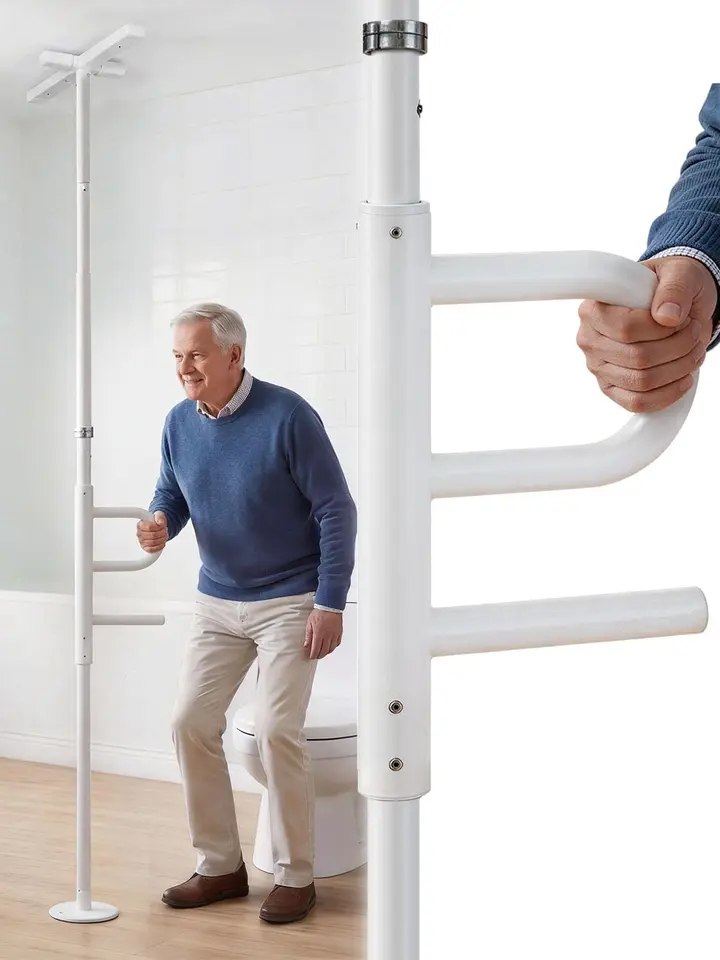 White floor-to-ceiling tension pole with curved handle standing between a toilet and a bathtub
